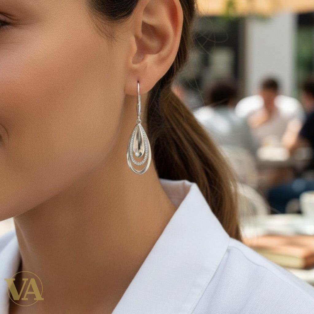 Boucles d'Oreilles Femme Pendantes Argent 925 – Triple Anneau & Zirconium | Bijoux Vindicta