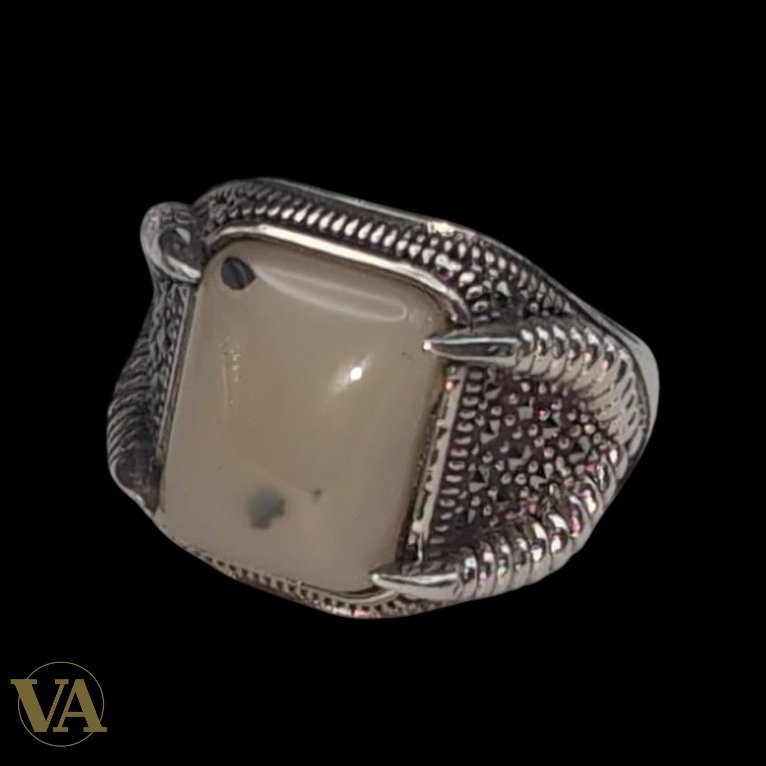 Bague Homme Argent 925 Agate Naturelle Rectangulaire