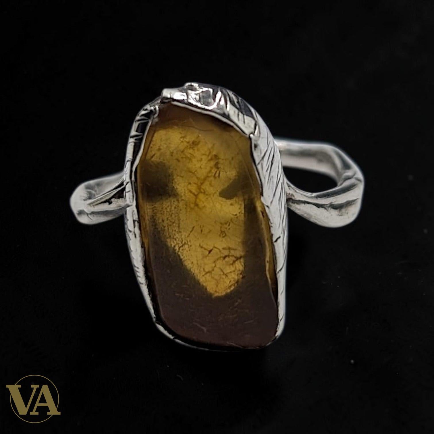 Bague Femme Argent 925 Ambre Jaune – Pierre Brute & Feuilles Ciselées-Vindicta : Bijoux Argent 925 Massif, Luxe et Héritage