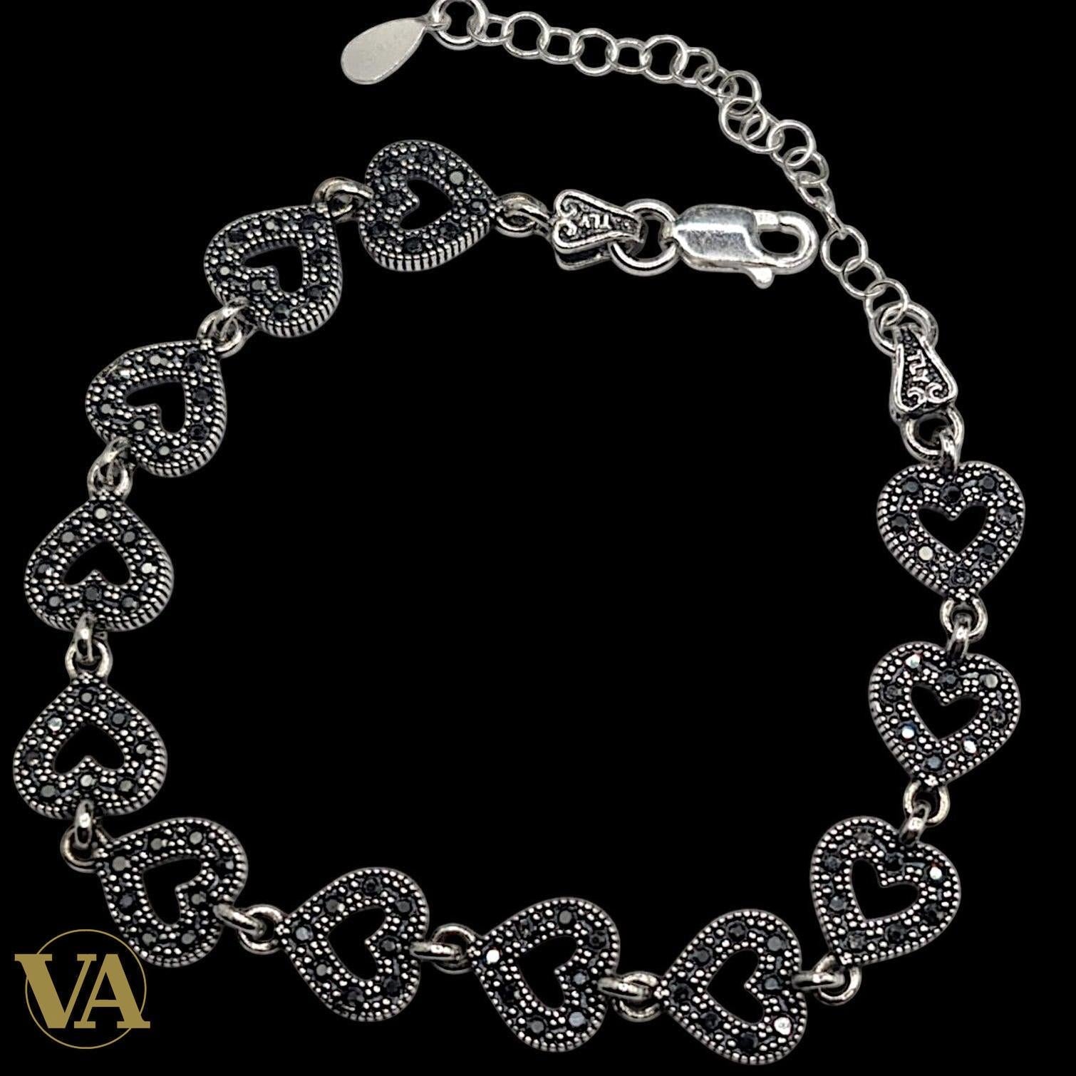 Bracelet Femme Argent 925 Cœurs Marcassite Vintage