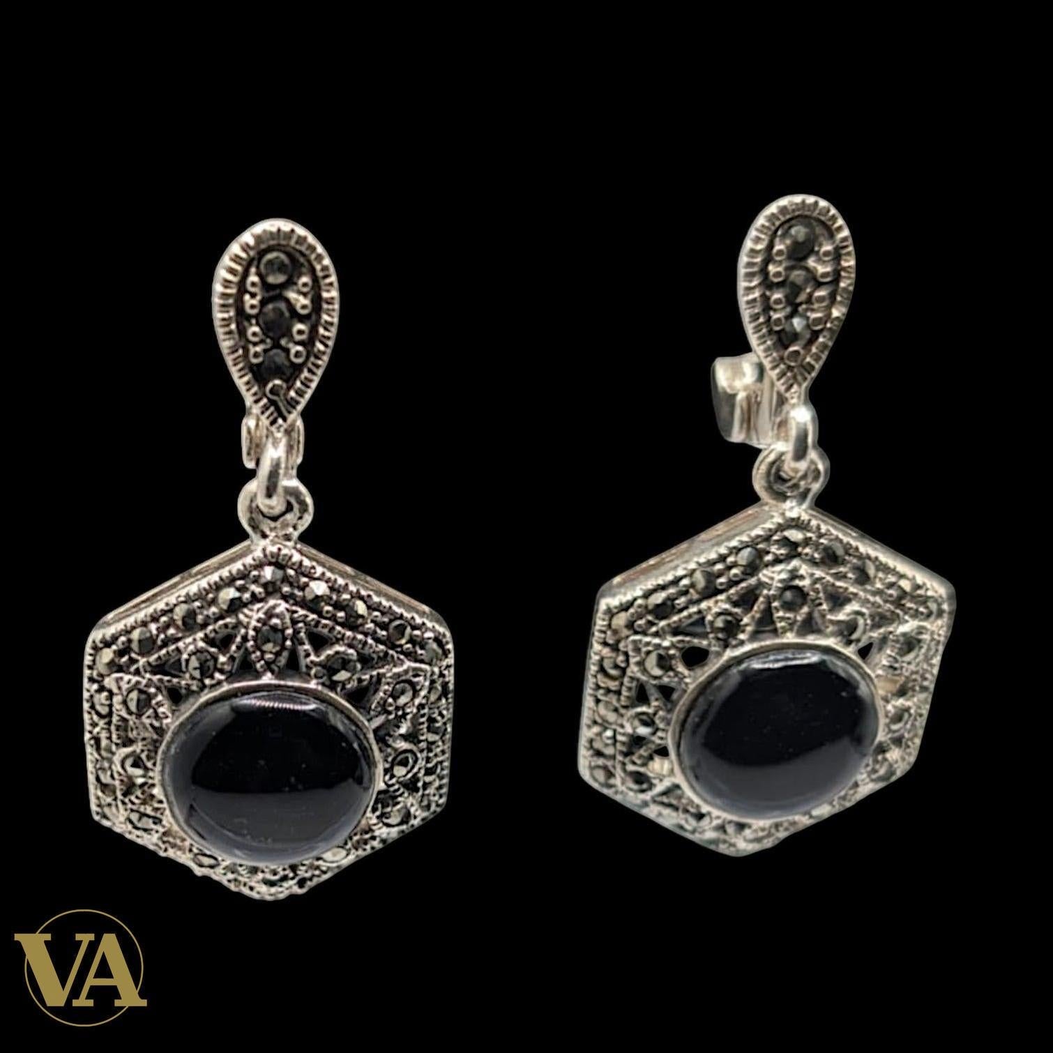 Boucles d'Oreilles Argent 925 Onyx et Marcassite Art Déco