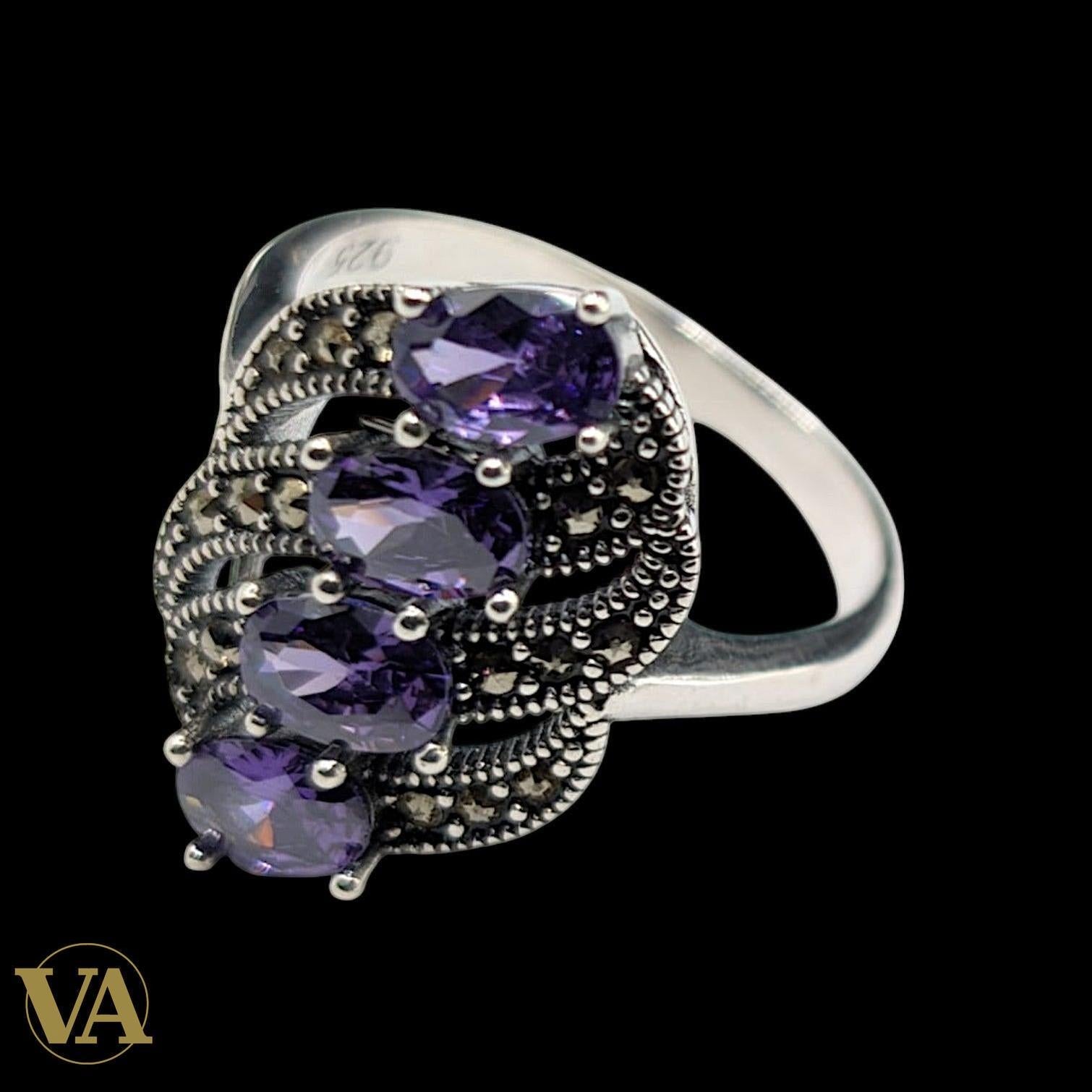 Bague Femme Argent 925 Améthyste & Marcassite – Design Vintage