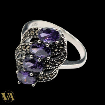 Bague Femme Argent 925 Améthyste & Marcassite – Design Vintage