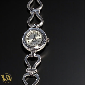 Montre Femme Argent 925 – Bracelet Cœurs & Cadran Rond Quartz