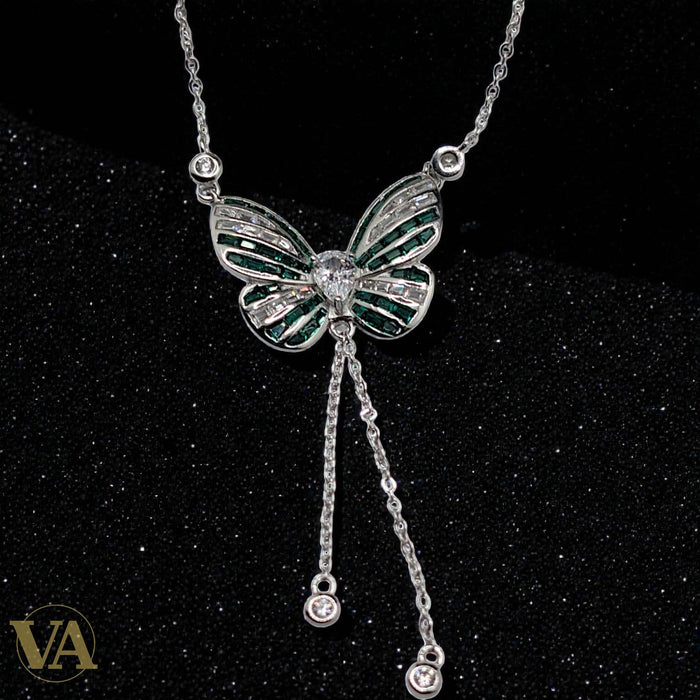 Collier Papillon Argent 925 — Zircons Verts et Blancs