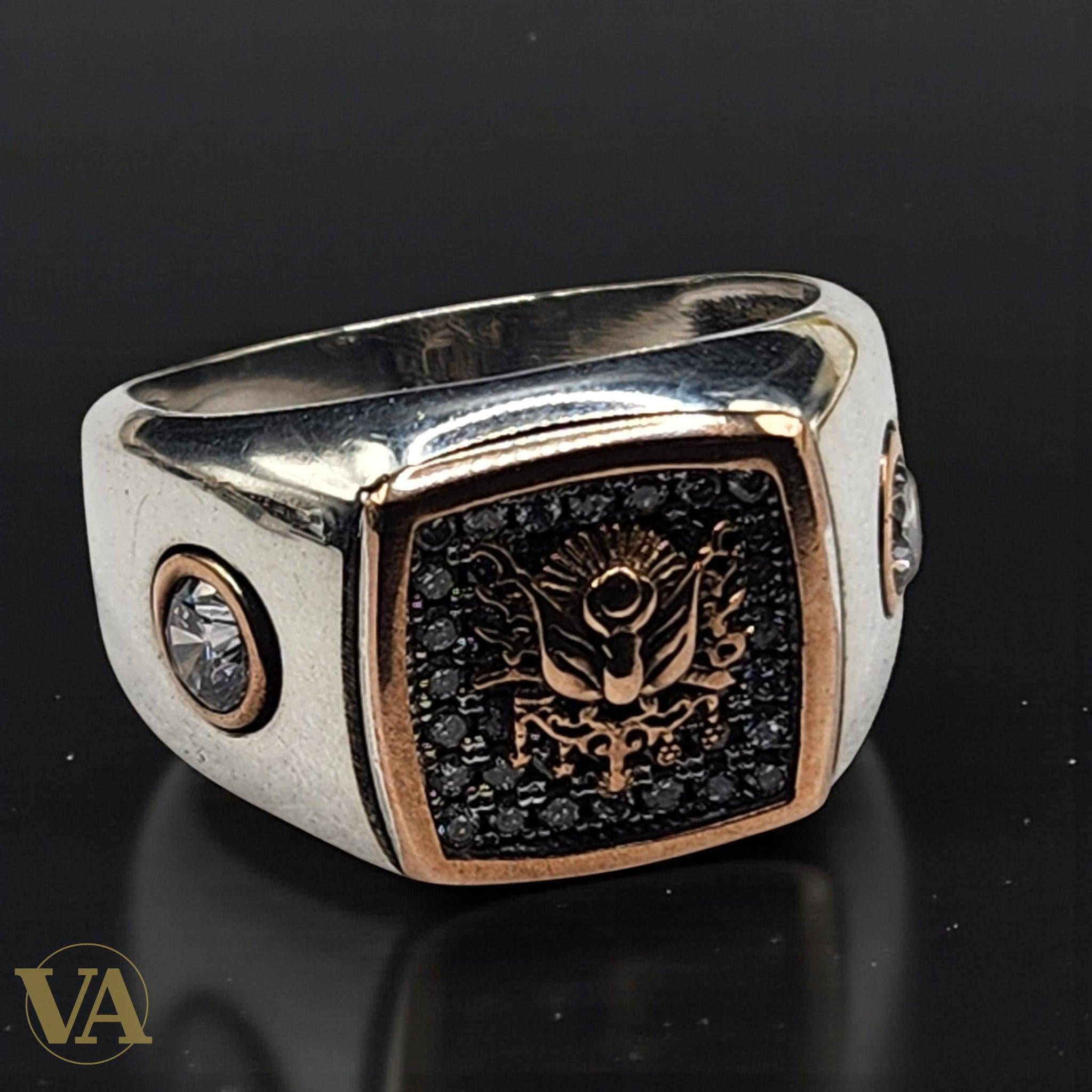 Bague Homme Argent 925 – Motif central pavé de pierres noires & détails or rose