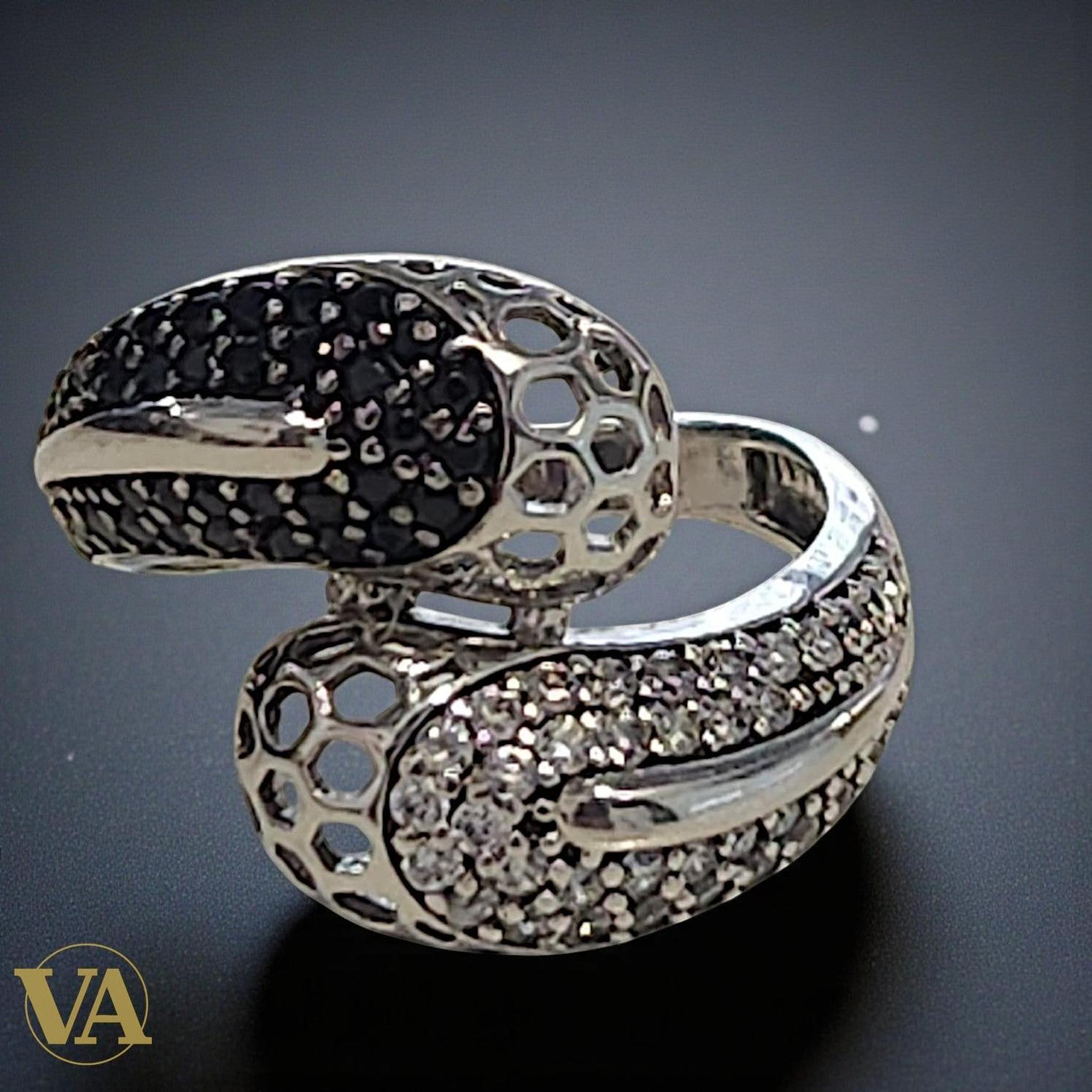 Bague Femme Argent 925 Onyx Noir et Oxyde Blanc – Design Croisé Contemporain - Argent 925 - Vindicta