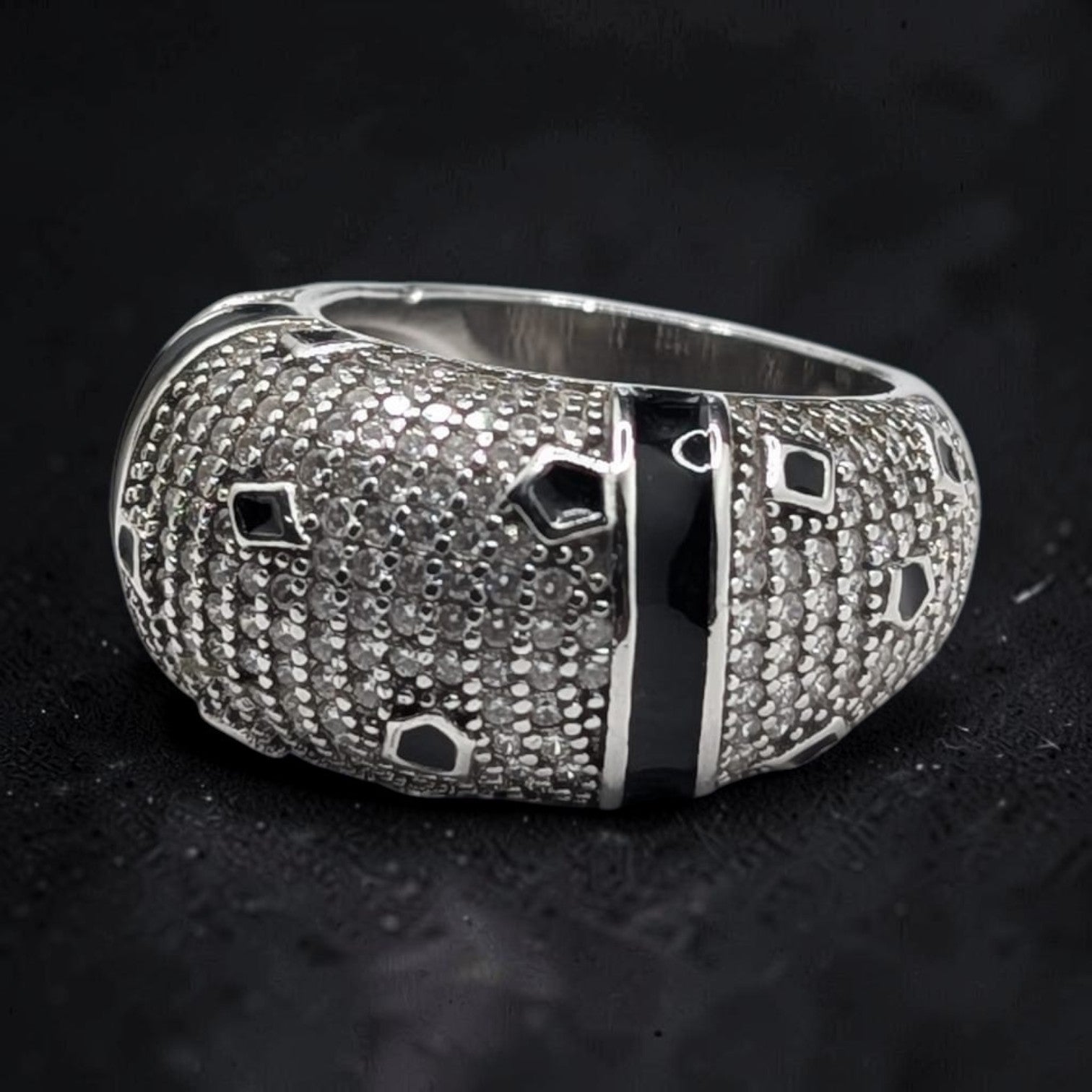 Bague Homme Argent 925 Dôme Pavé Zircons Onyx Noir