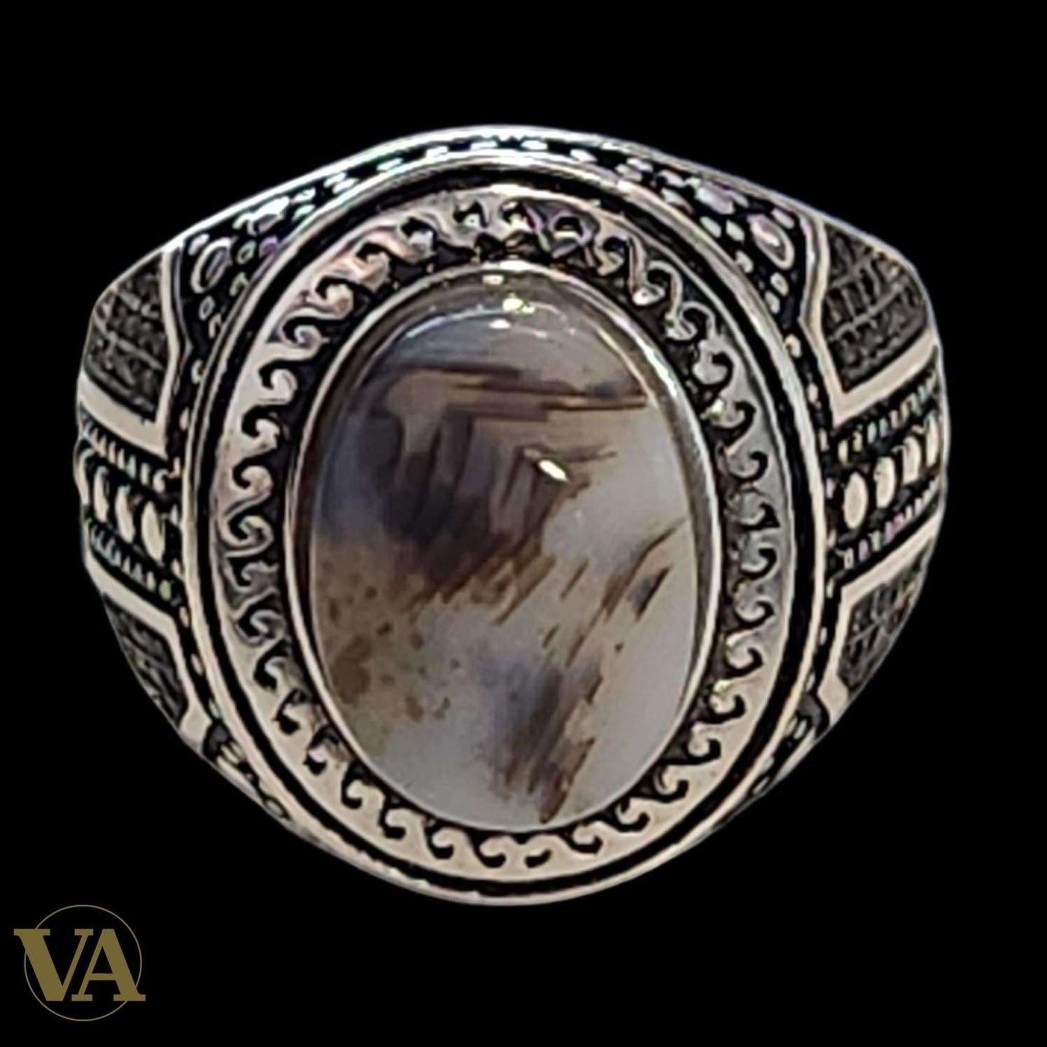 Bague homme argent 925 agate dendritique naturelle | Bijoux Vindicta