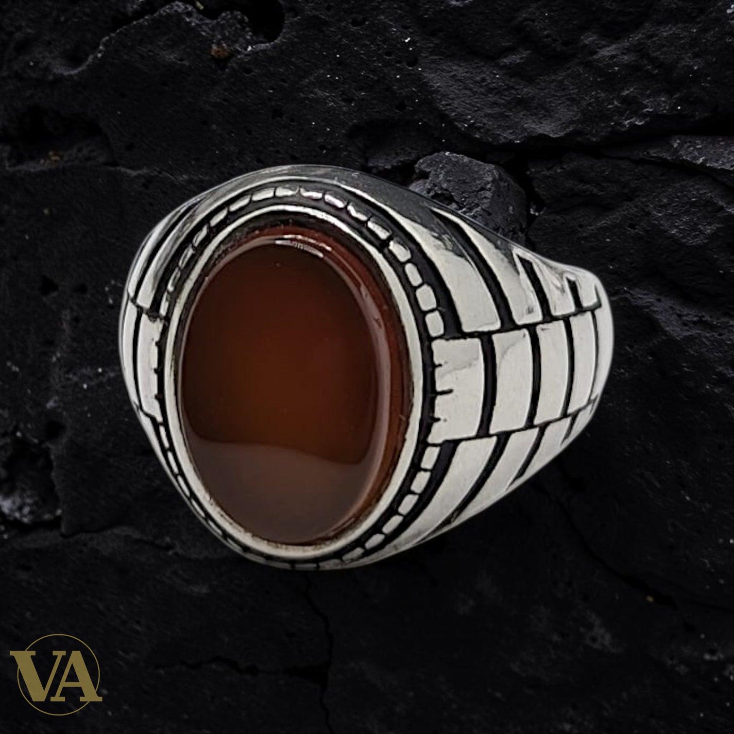 Chevalière Homme Argent 925 Cornaline Cabochon Ovale Monture Striée - Argent 925 - Vindicta