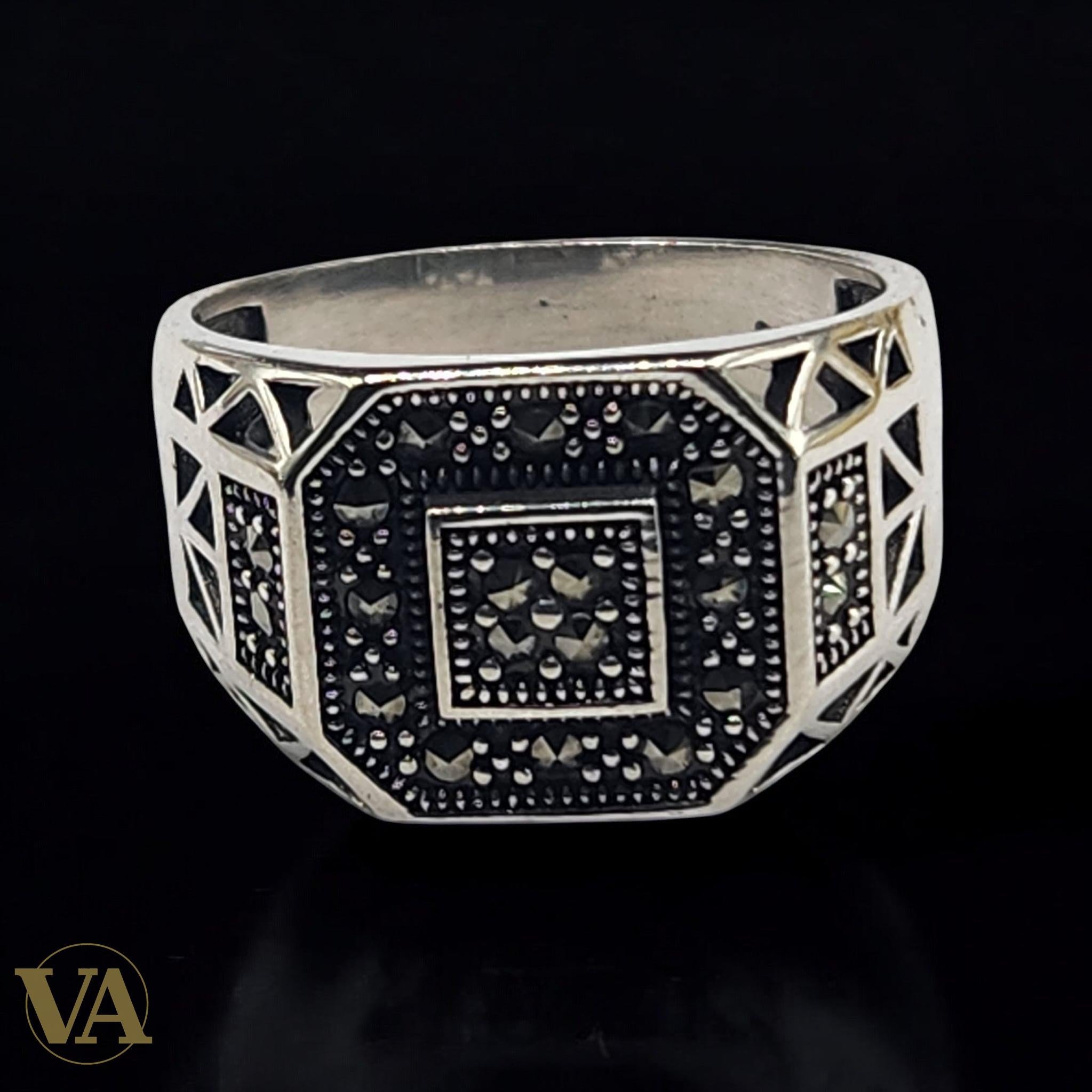 Bague Homme Argent 925 – Pavage de marcassites & design géométrique