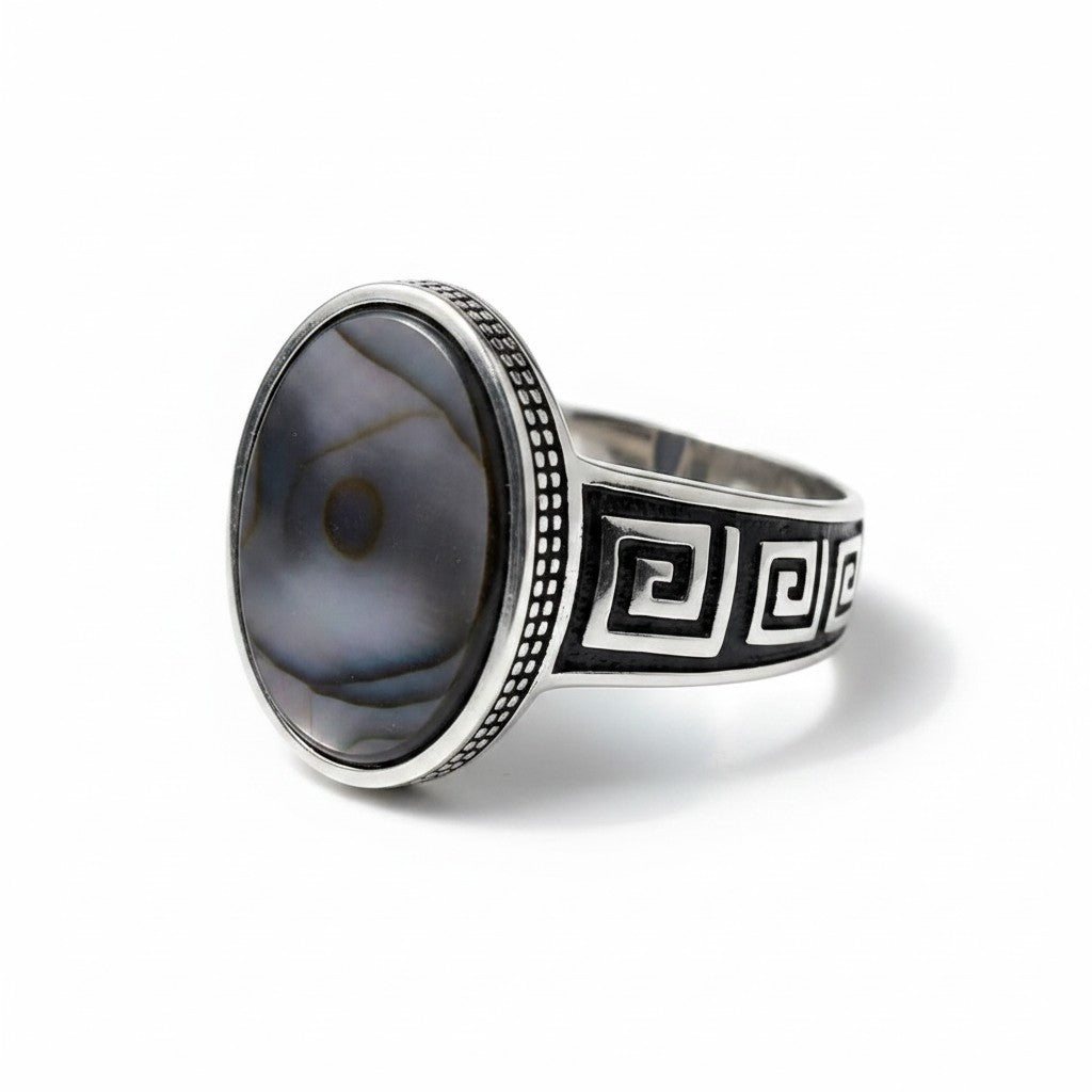 Chevalière Homme Argent 925 Nacre Gris Anthracite Cabochon Ovale Motif Grec