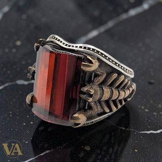 Chevalière Homme Argent 925 Pierre Rouge Motif Scorpion