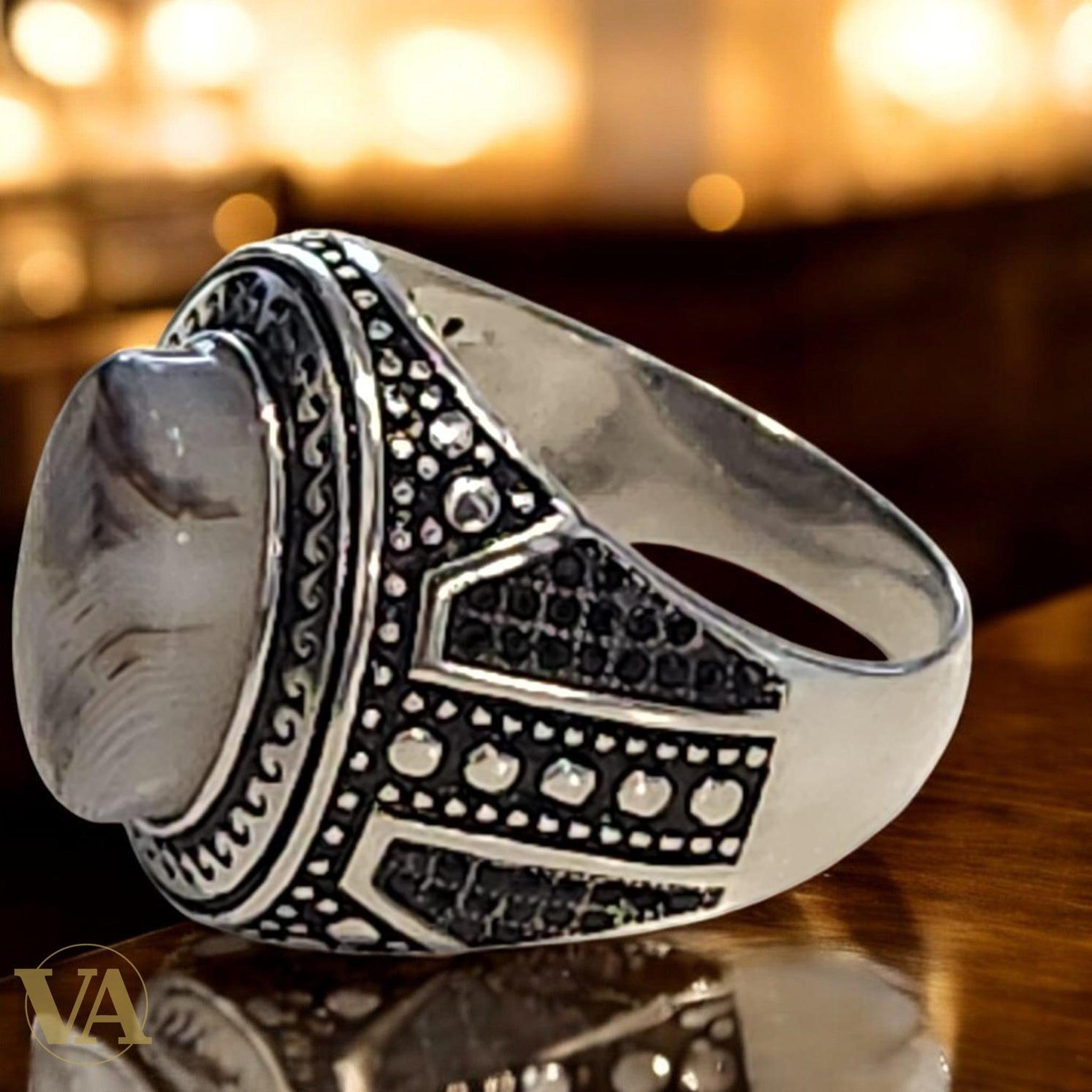Bague homme argent 925 agate dendritique naturelle - Argent 925 - Vindicta