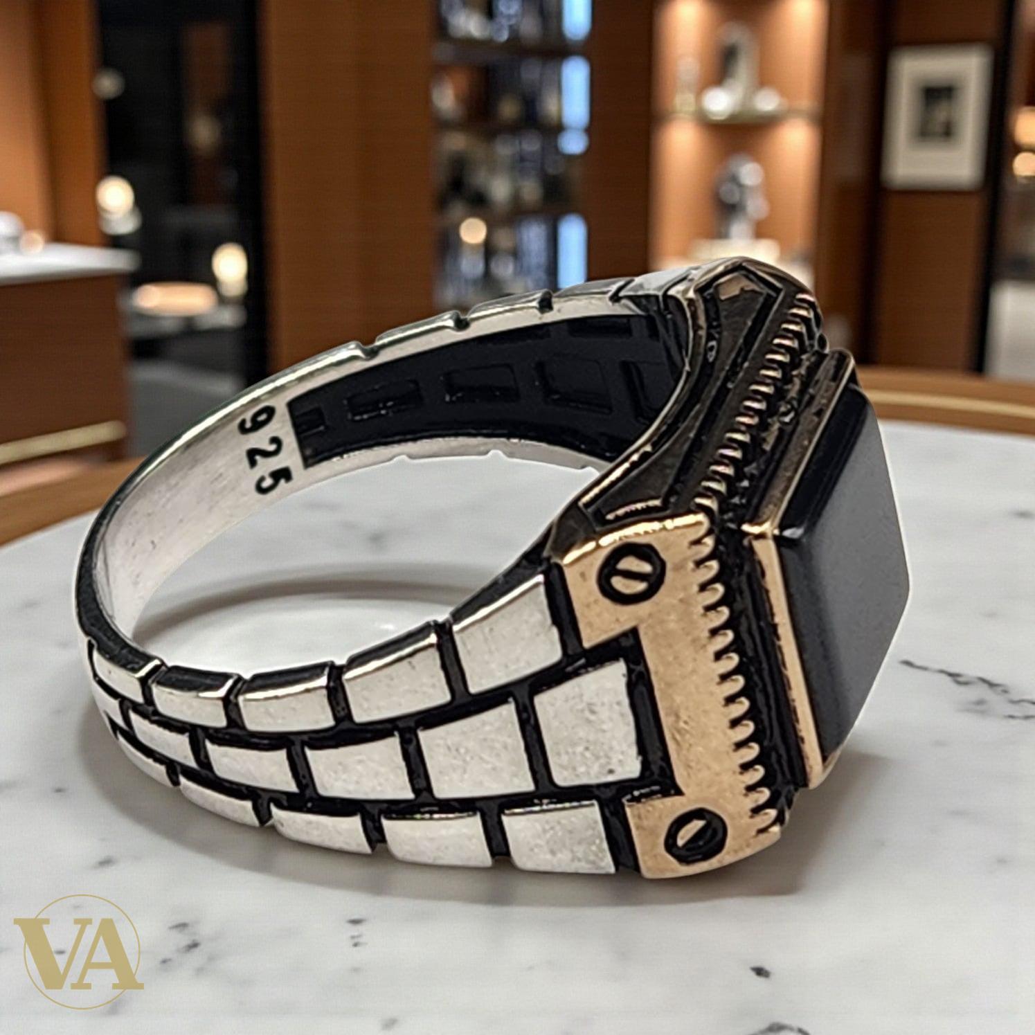 Bague Homme Argent 925 – Design Bicolore avec Onyx Noir