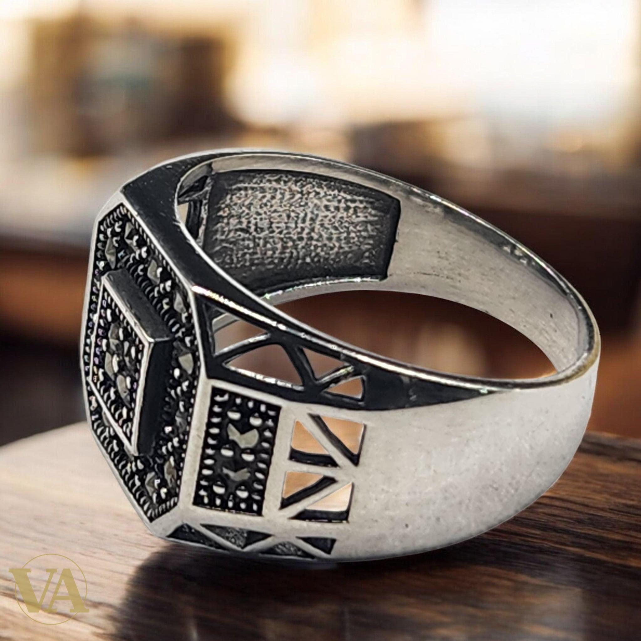 Bague Homme Argent 925 – Pavage de marcassites & design géométrique