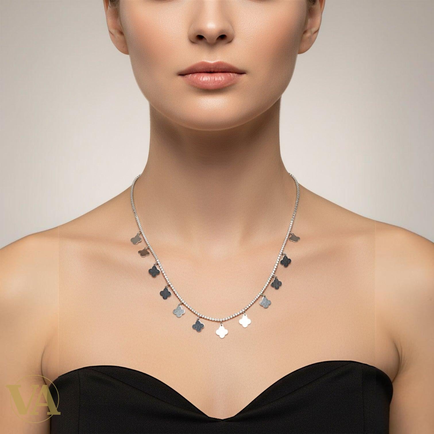 Women's 925 Sterling Silver Clover Charm Tennis Chain Necklace