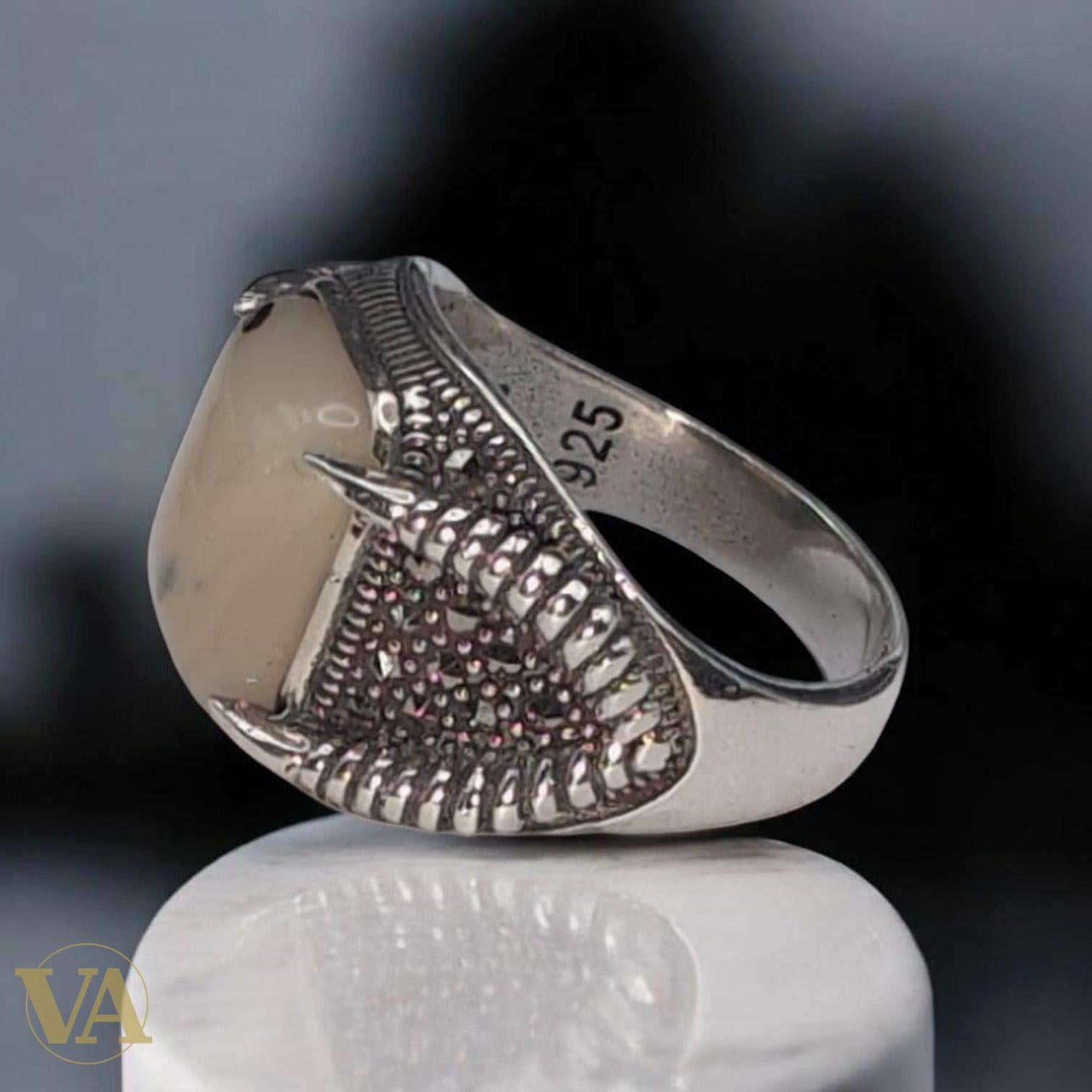 Bague Homme Argent 925 Agate Naturelle Rectangulaire