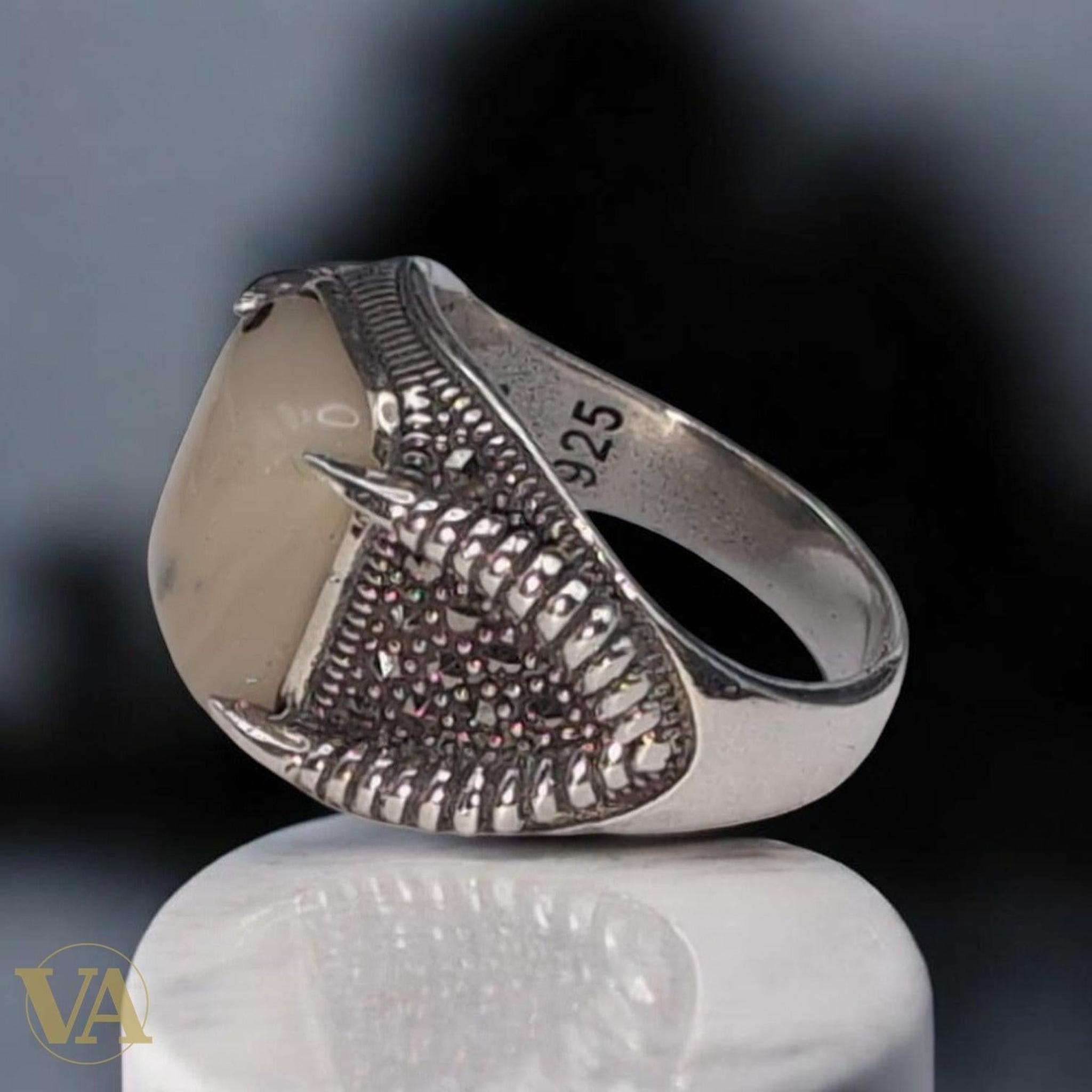 Bague Homme Argent 925 Agate Naturelle Rectangulaire - Argent 925 - Vindicta