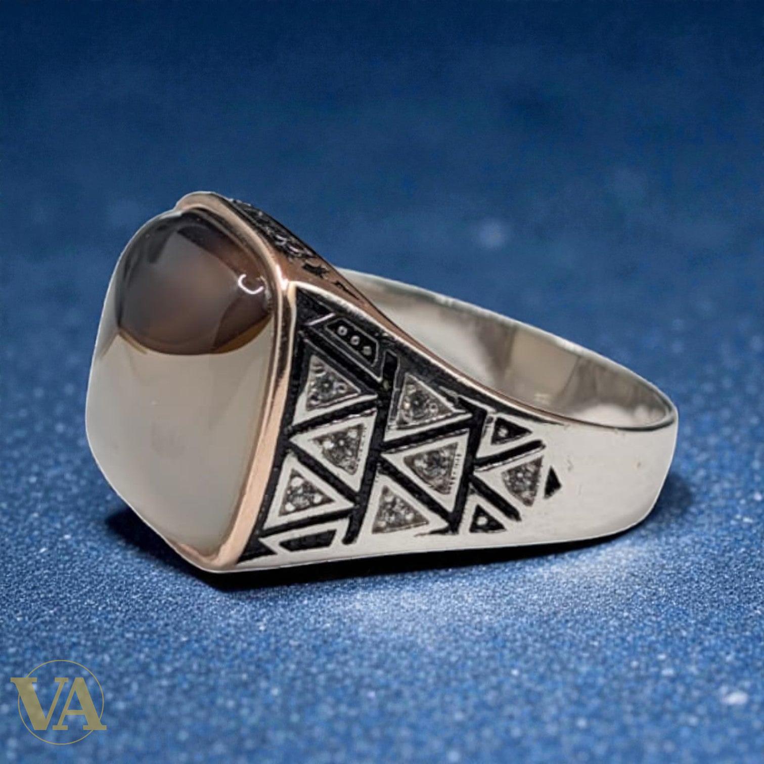 Bague homme argent 925 – Agate Fumée & Motifs Géométriques | Bijoux Vindicta
