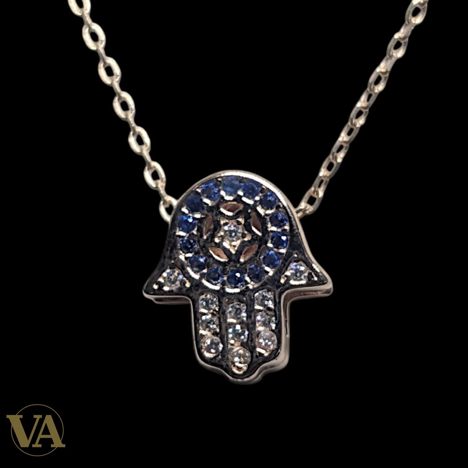 Collier Femme Main de Fatma Argent 925 Plaqué Or Rose — Zircons Saphir & Blancs