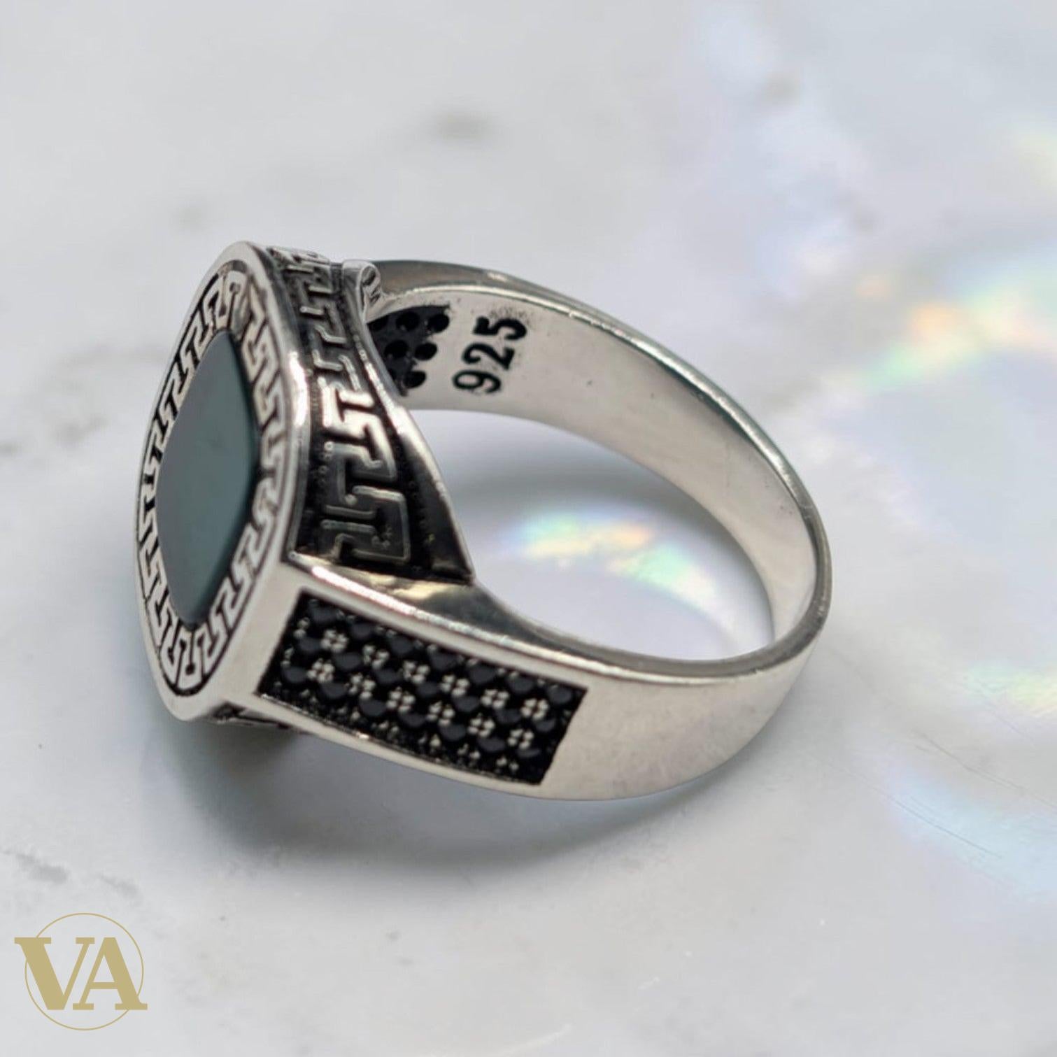 Bague Homme Argent 925 Agate Verte – Méandre Grec & Marcassites | Bijoux Vindicta