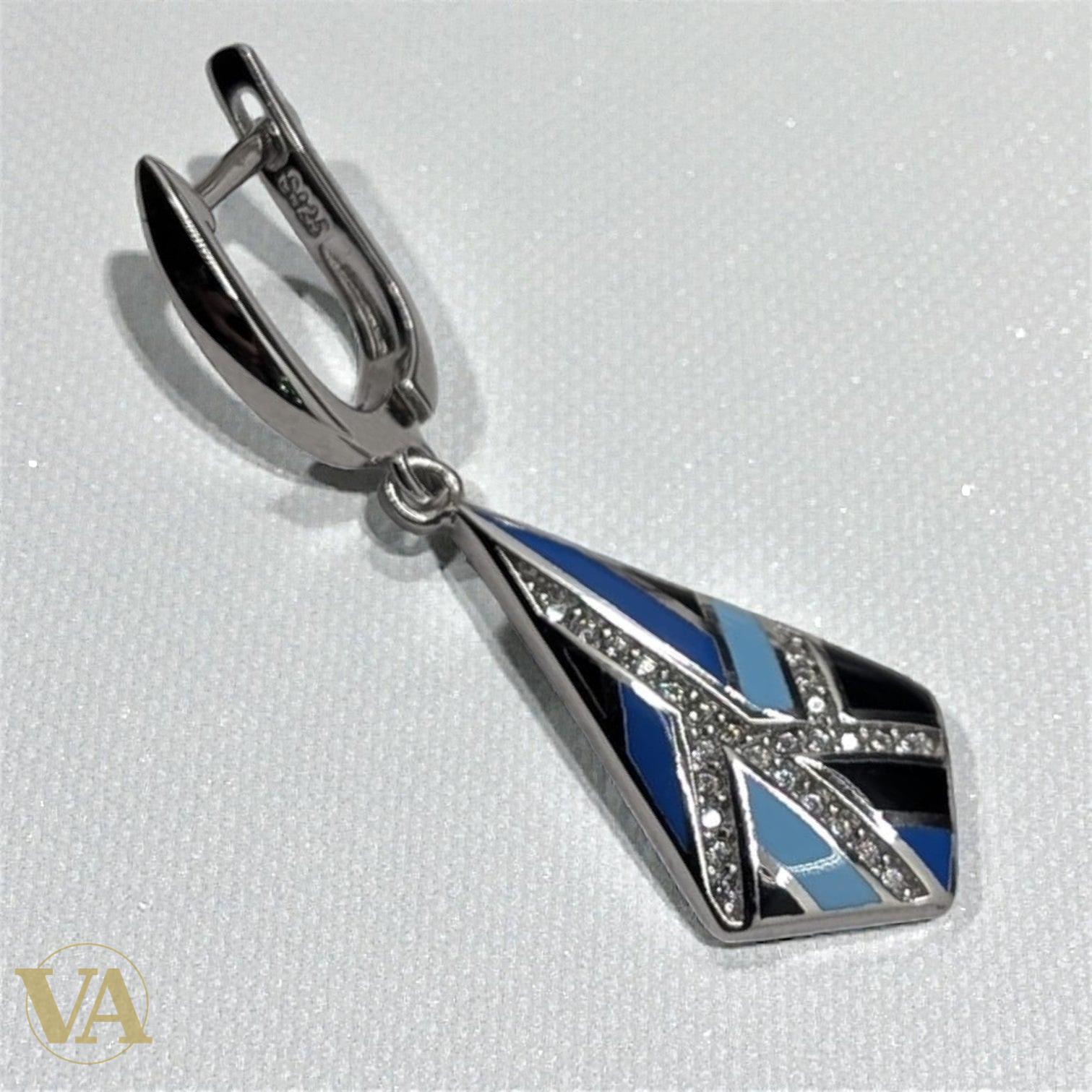 Boucles d'oreilles Pendantes Femme Argent 925 – Émail Bleu Géométrique & Zirconiums-Vindicta : Bijoux Argent 925 Massif, Luxe et Héritage