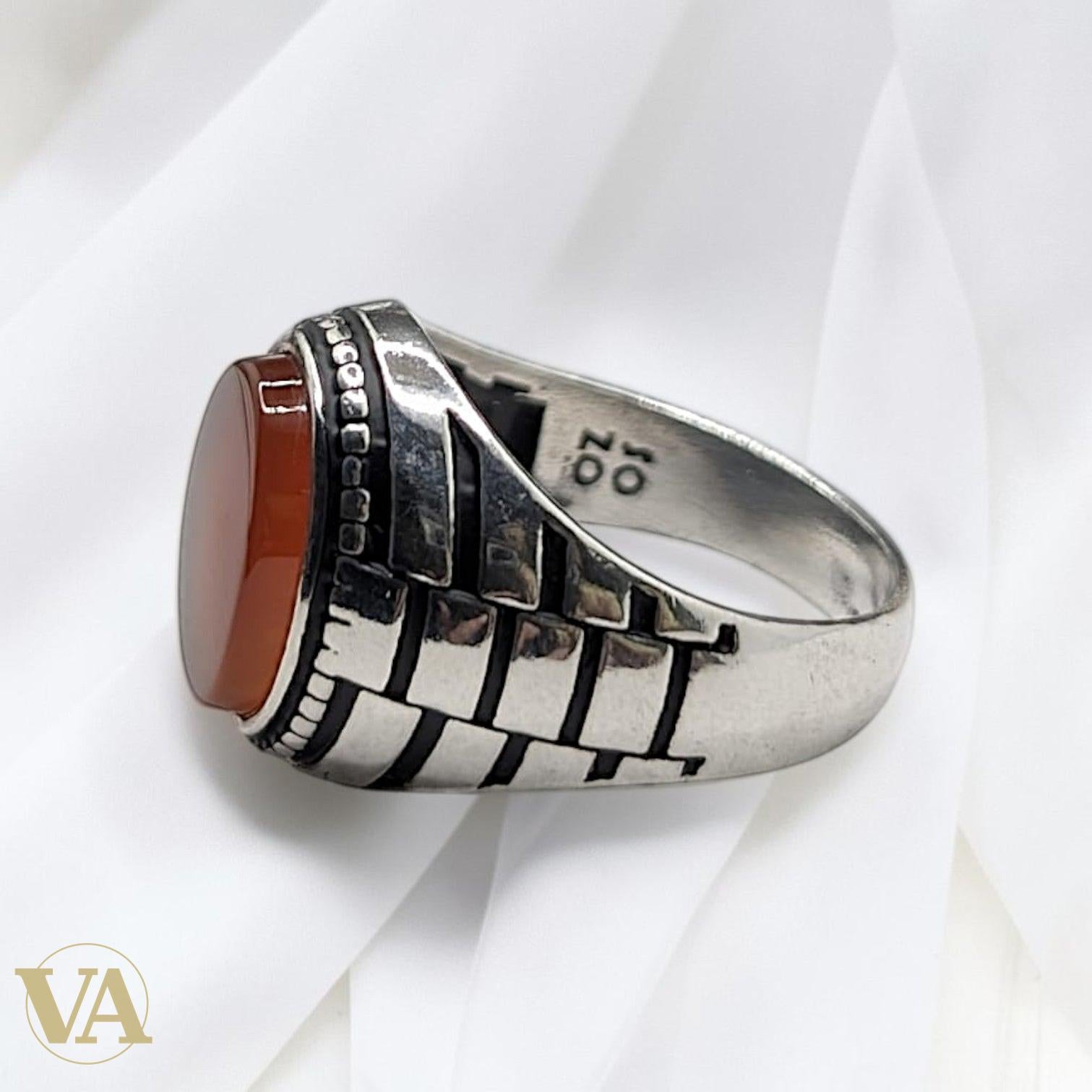 Chevalière Homme Argent 925 Cornaline Cabochon Ovale Monture Striée - Argent 925 - Vindicta