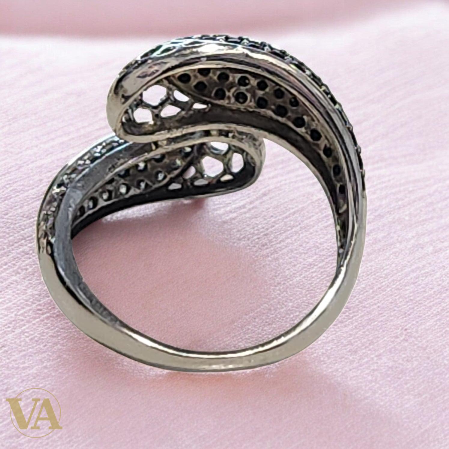 Bague Femme Argent 925 Onyx Noir et Oxyde Blanc – Design Croisé Contemporain