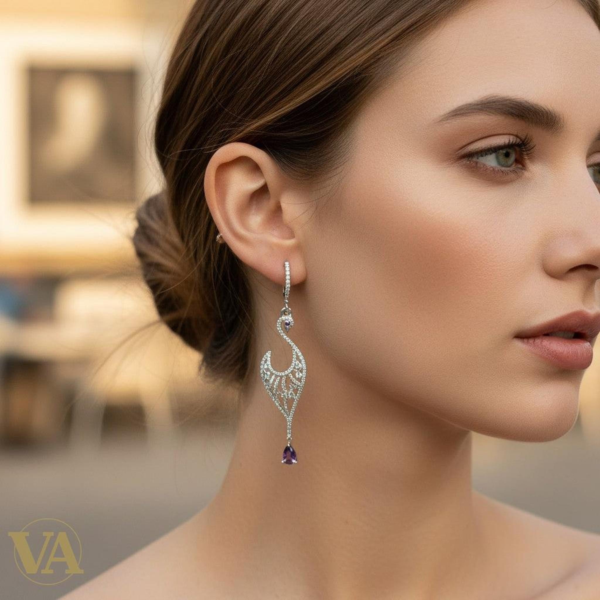 Boucles d'Oreilles Femme Argent 925 Paon et Améthyste - Argent 925 - Vindicta