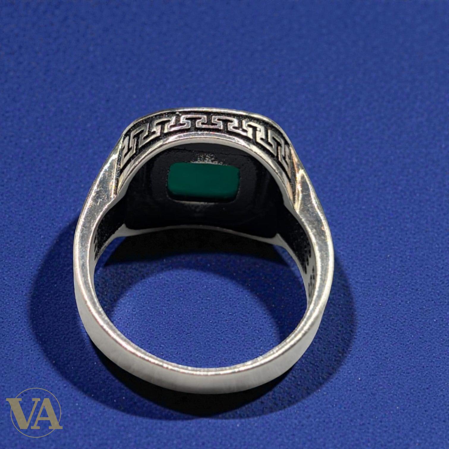 Bague Homme Argent 925 Agate Verte – Méandre Grec & Marcassites | Bijoux Vindicta