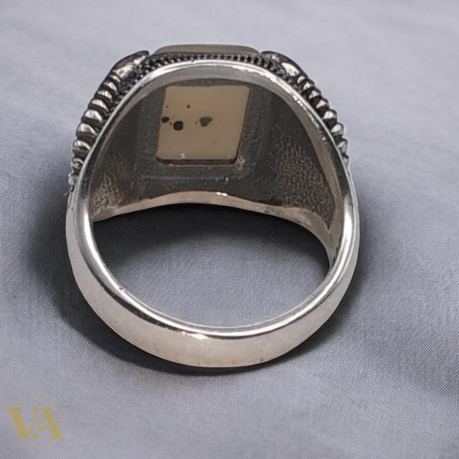 Bague Homme Argent 925 Agate Naturelle Rectangulaire