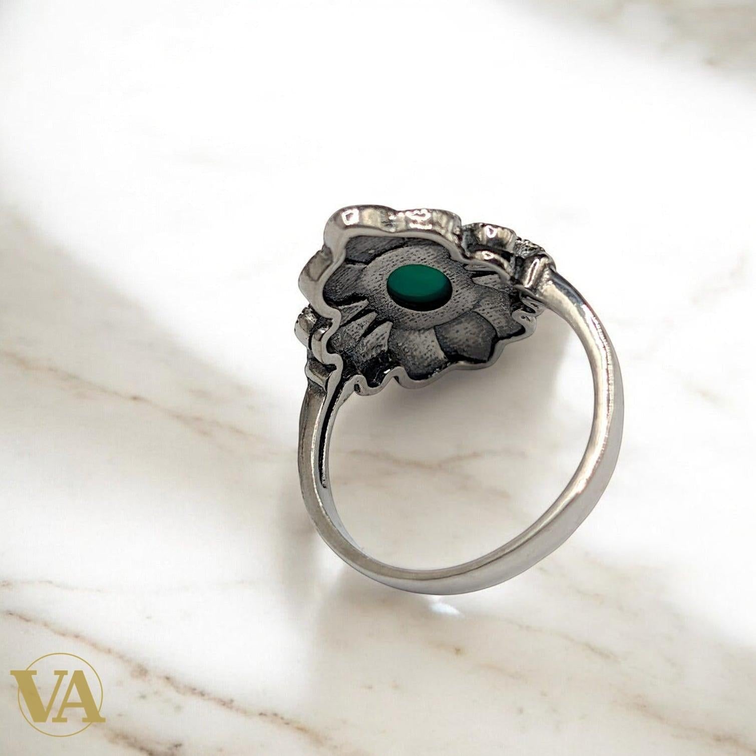 Bague Femme en argent 925 & aventurine verte – Marcassite | Bijoux Vindicta