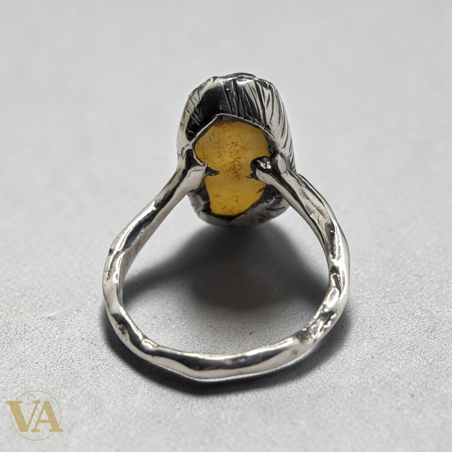 Bague Femme Argent 925 Ambre Jaune – Pierre Brute & Feuilles Ciselées-Vindicta : Bijoux Argent 925 Massif, Luxe et Héritage