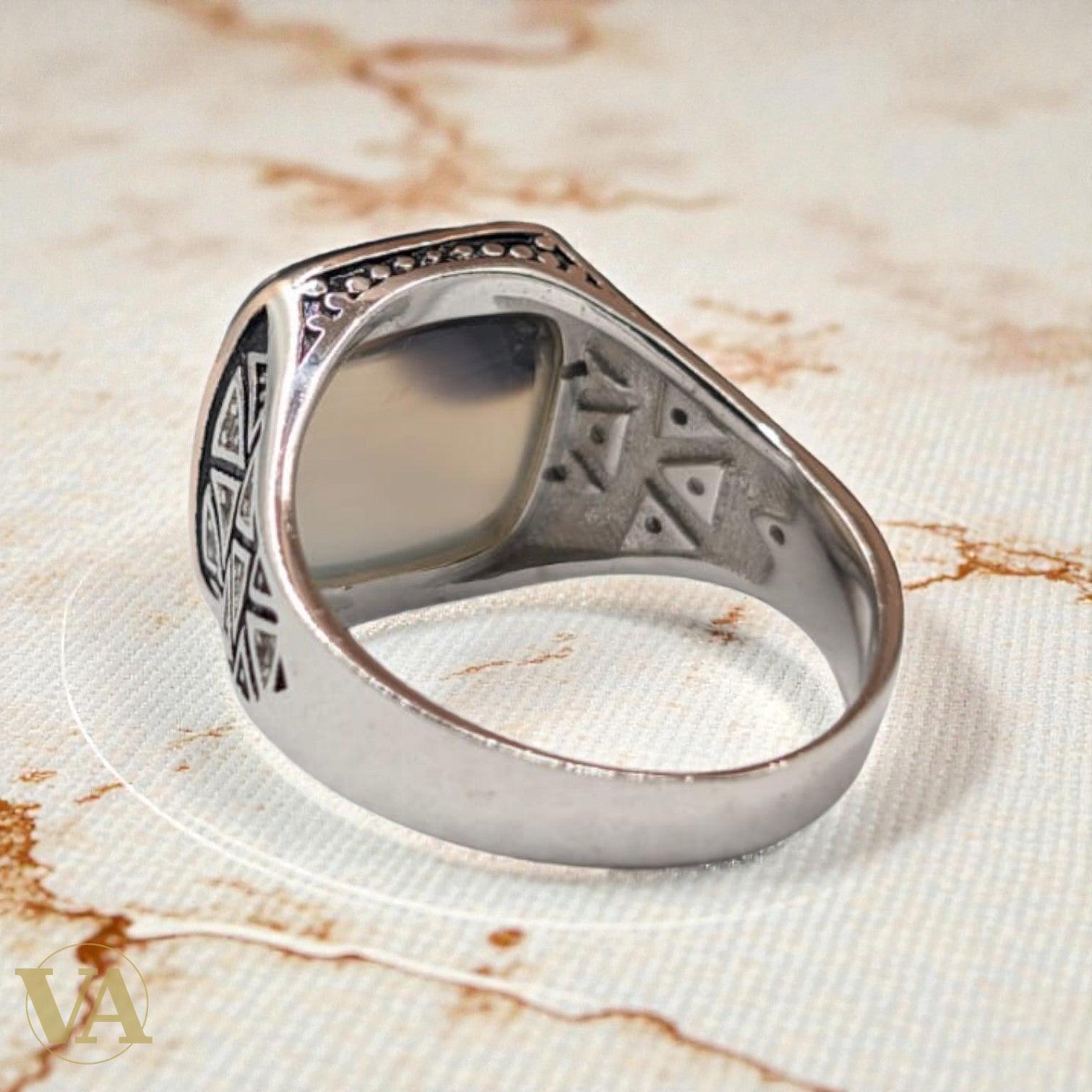 Bague homme argent 925 – Agate Fumée & Motifs Géométriques | Bijoux Vindicta