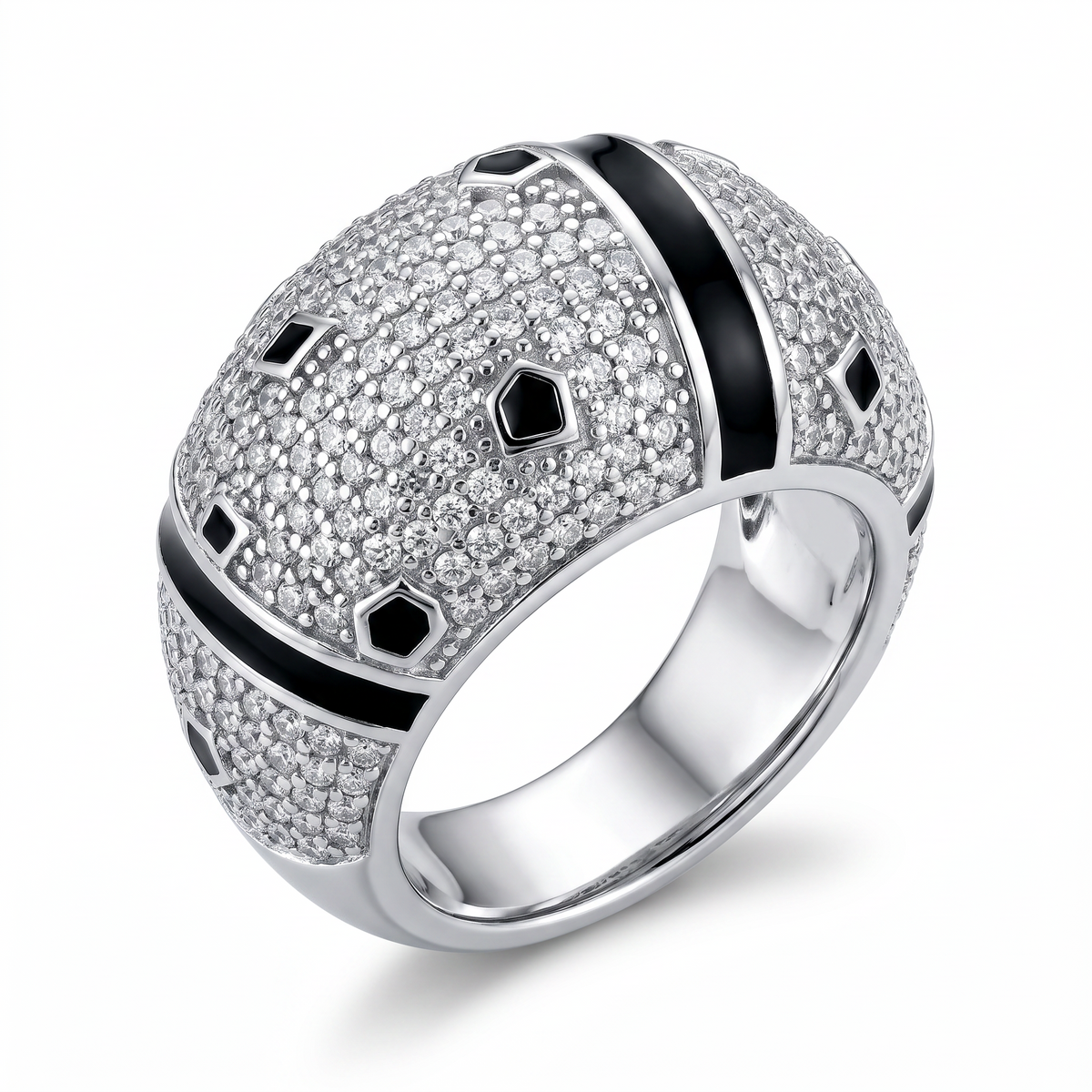 Bague Homme Argent 925 Dôme Pavé Zircons Onyx Noir