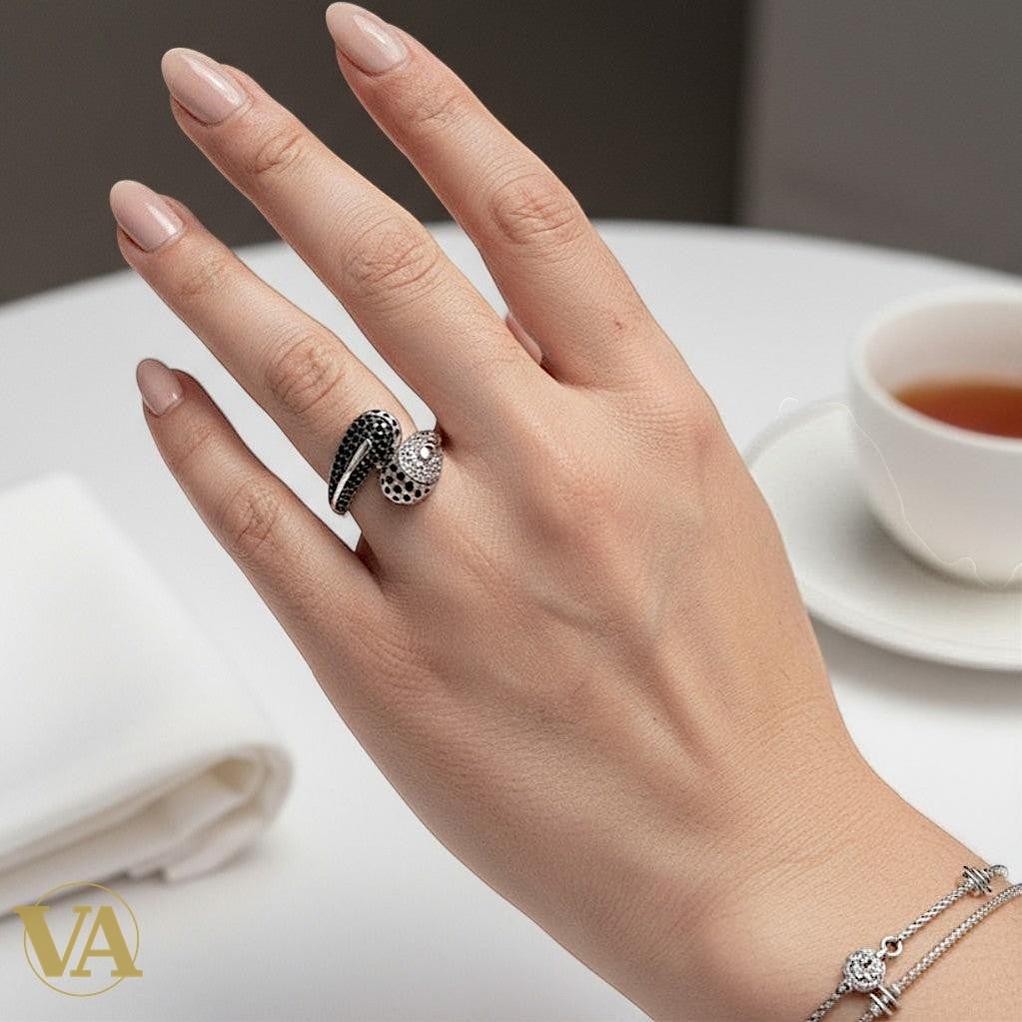 Bague Femme Argent 925 Onyx Noir et Oxyde Blanc – Design Croisé Contemporain