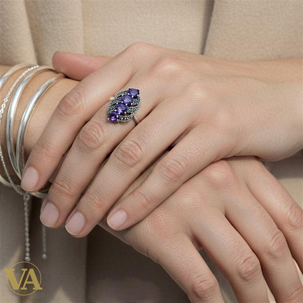 Bague Femme Argent 925 Améthyste & Marcassite – Design Vintage