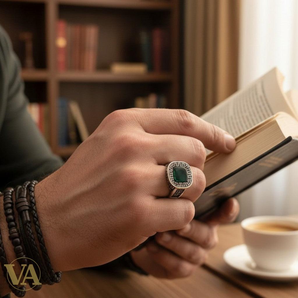 Bague Homme Argent 925 Agate Verte – Méandre Grec & Marcassites | Bijoux Vindicta
