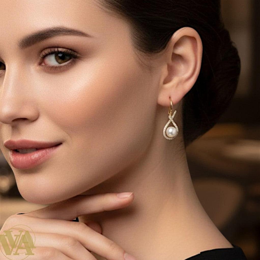 Boucles d’oreilles femme en argent plaqué or, perles & oxydes de zirconium