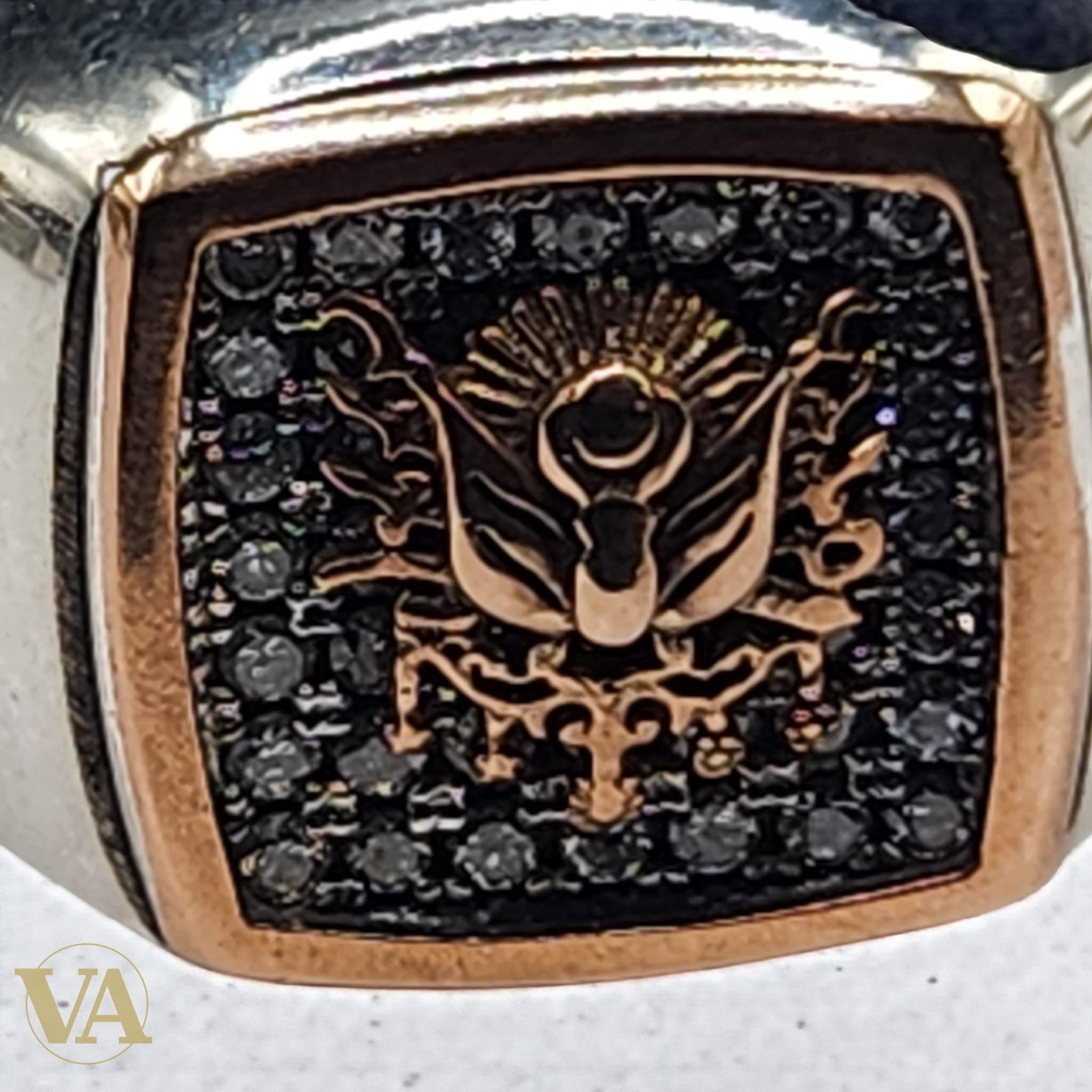 Bague Homme Argent 925 – Motif central pavé de pierres noires & détails or rose - Argent 925 - Vindicta