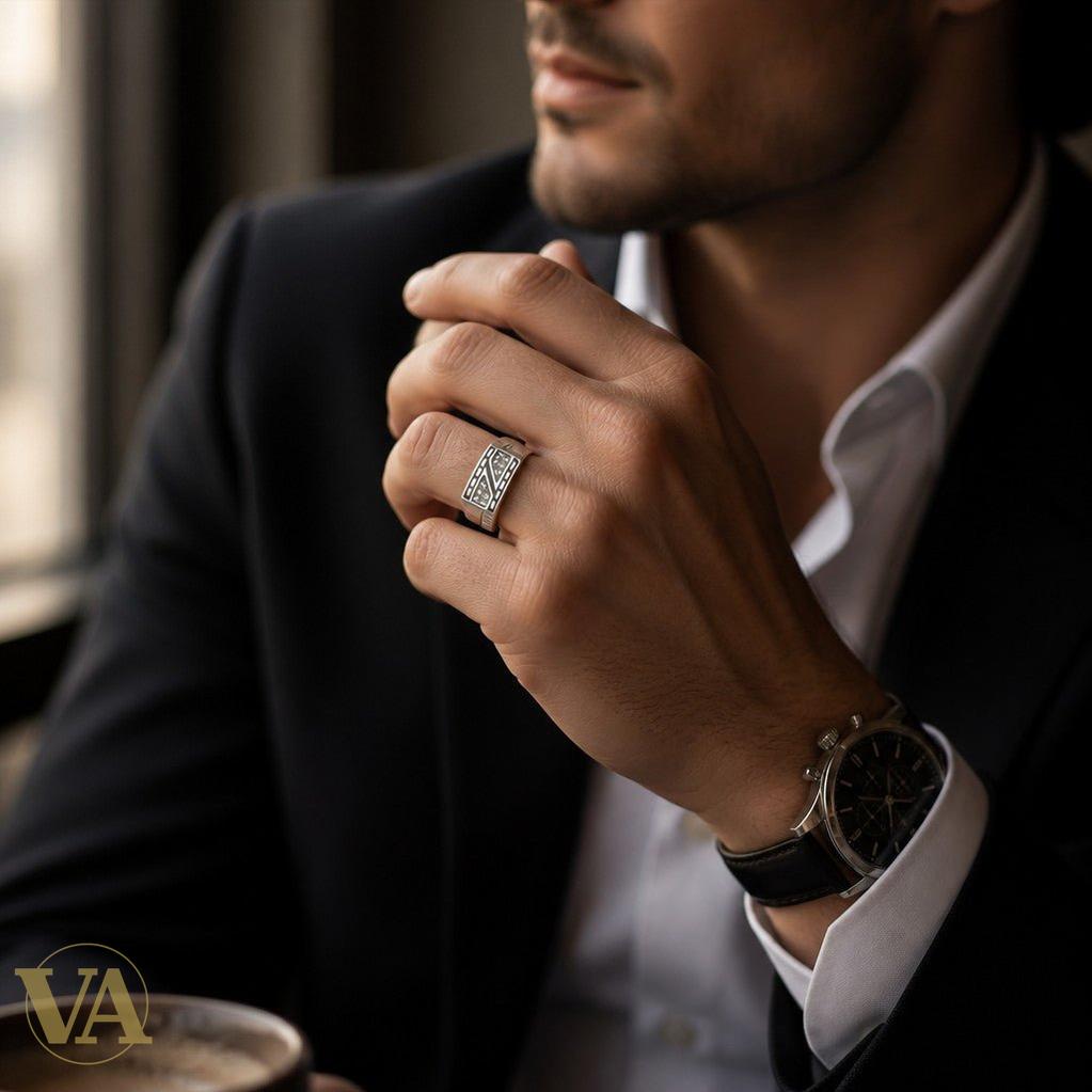 Chevalière Homme Argent 925 Zircons Noirs Art Déco Géométrique - Argent 925 - Vindicta