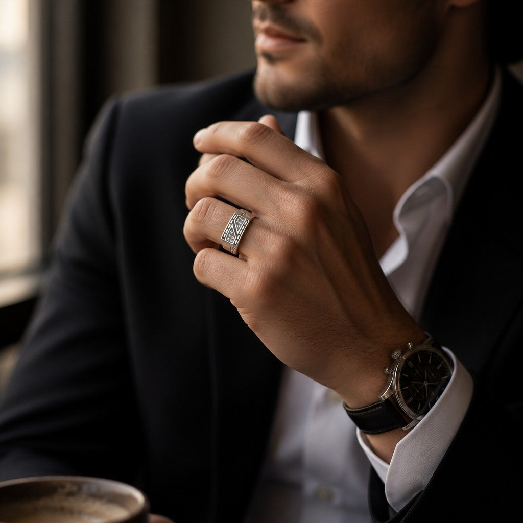 Chevalière Homme Argent 925 Zircons Noirs Art Déco Géométrique-Vindicta : Bijoux Argent 925 Massif, Luxe et Héritage