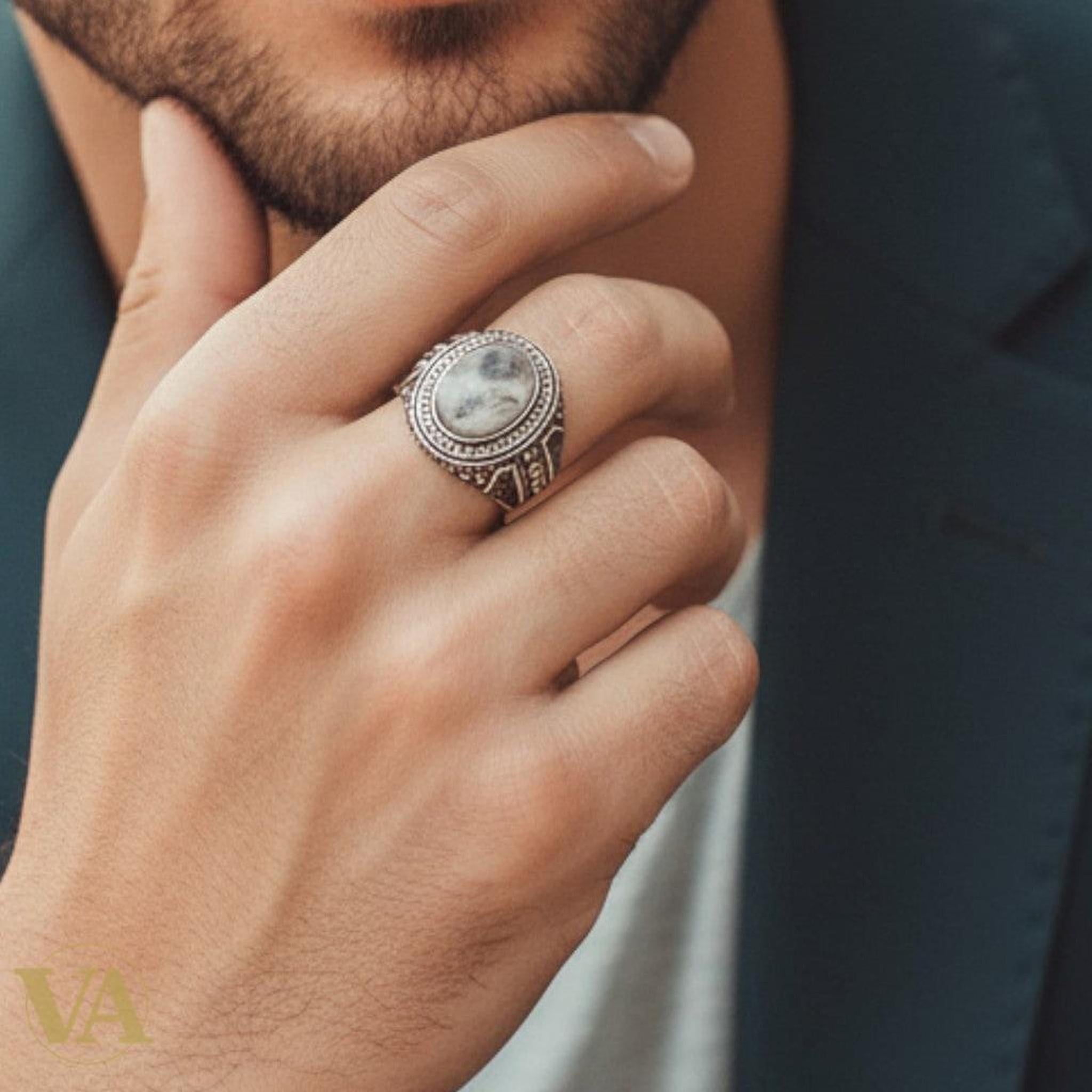 Bague homme argent 925 agate dendritique naturelle - Argent 925 - Vindicta