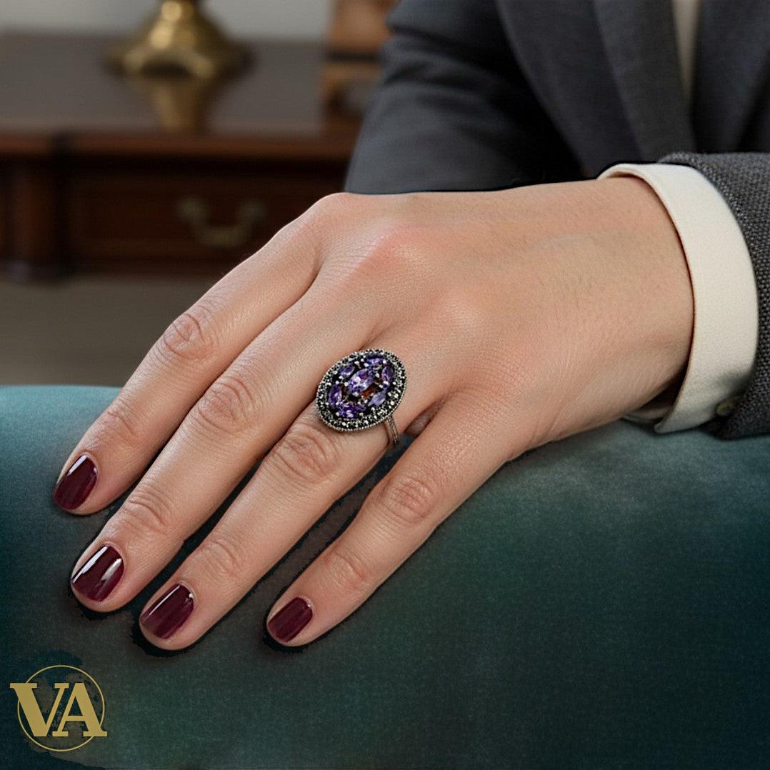 Bague femme Argent 925 Améthyste & Marcassites – Oval Vintage