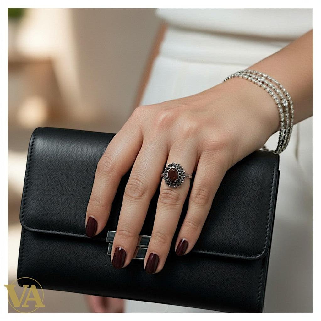 Bague Femme Argent 925 Cornaline Ovale & Marcassite – Style Vintage Solaire