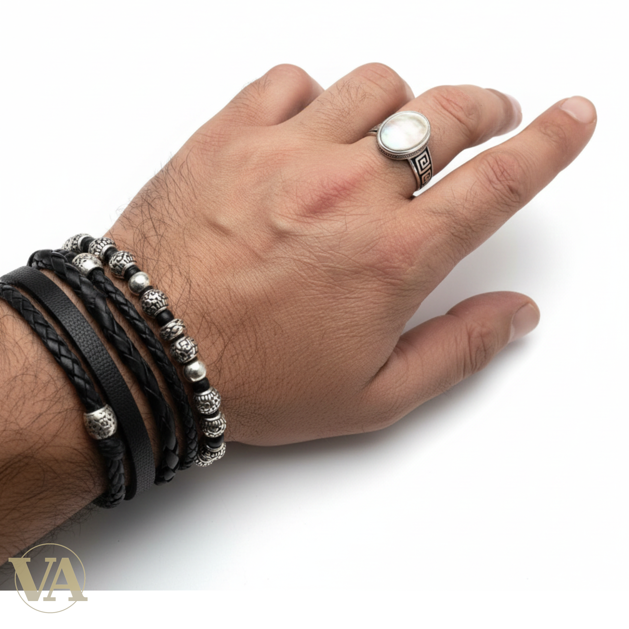 Chevalière Homme Argent 925 Nacre Gris Anthracite Cabochon Ovale Motif Grec-Vindicta : Bijoux Argent 925 Massif, Luxe et Héritage