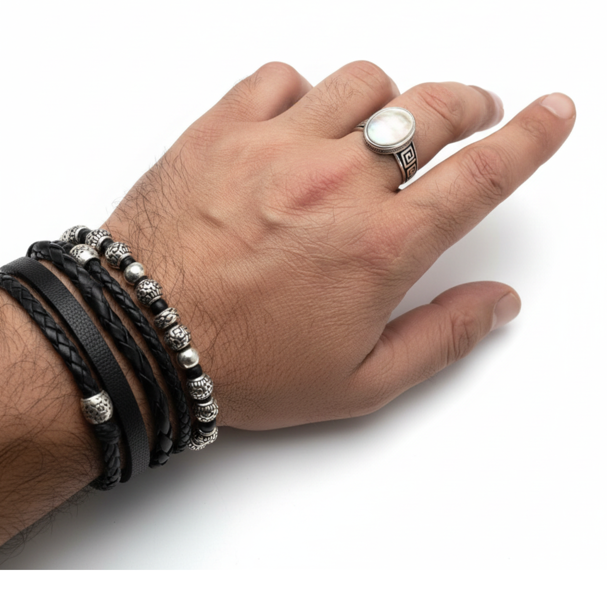 Chevalière Homme Argent 925 Nacre Gris Anthracite Cabochon Ovale Motif Grec