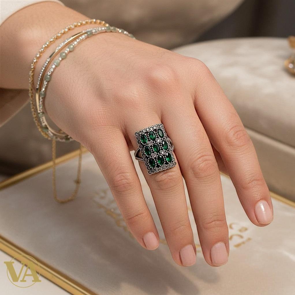 Bague femme rectangulaire argent 925 verte & marcassite vintage