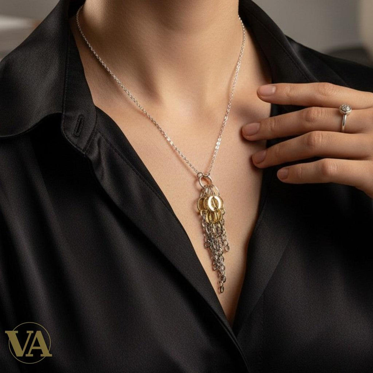 Collier Femme Argent 925 & Plaqué Or — Pendentif Cascade Maillons Bicolore